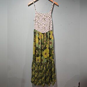 No. 6 Eden Floral Strappy Maxi Green Silk Cottagecore Boho Dress Size S USA